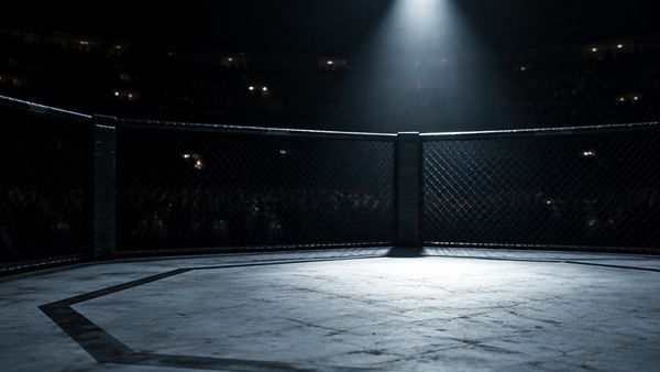 Tyhjä oktagonihäkki pimeässä areenassa yhden ylävalon valaisemana, kanvaslattia ja sumea yleisö. UFC-vedonlyönti