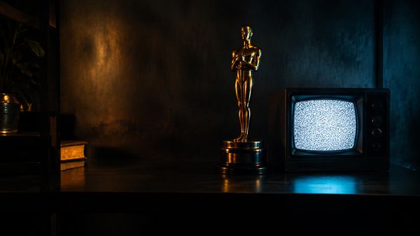 Kultaisen palkintopatsaan siluetti pienen vanhan television vieressä, jonka ruudussa hohtaa lumisade, tumma hylly, viihdevedot