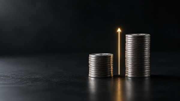 Kaksi kolikkopinoa, joista toinen on kaksi kertaa korkeampi, ja nuoli välissä, 200 % talletusbonus