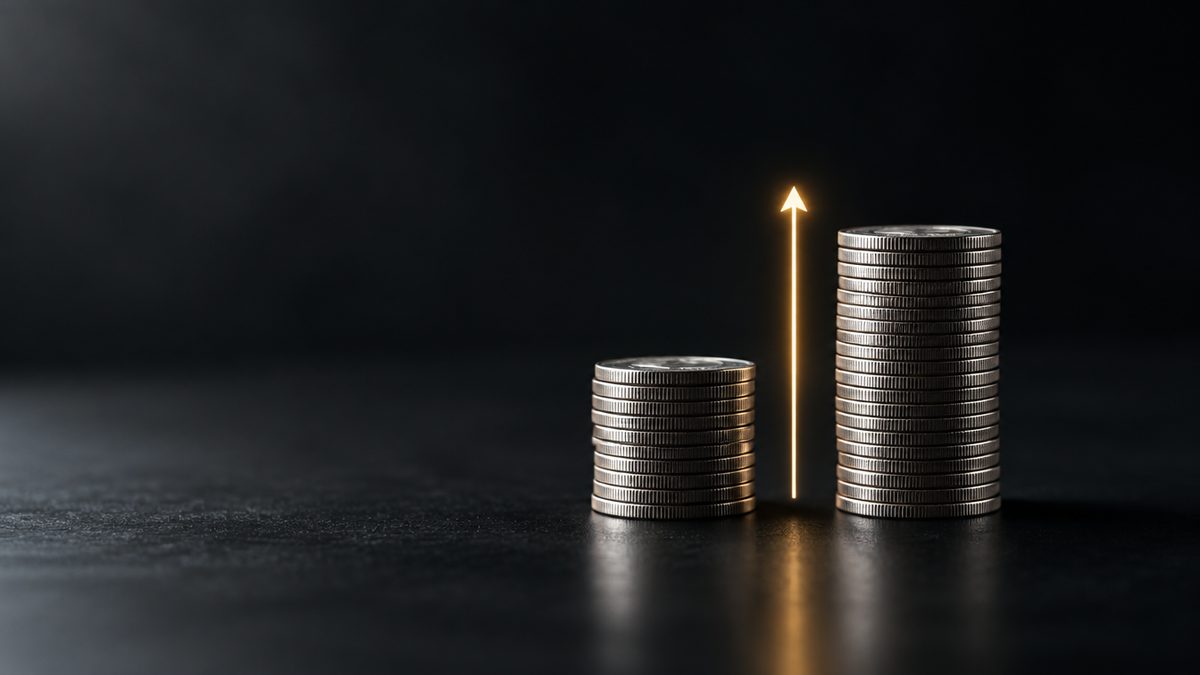 Kaksi kolikkopinoa, joista toinen on kaksi kertaa korkeampi, ja nuoli välissä, 200 % talletusbonus
