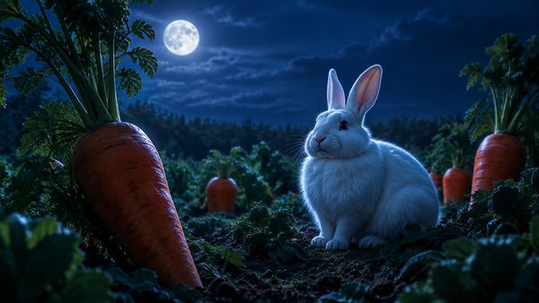 Pullea valkoinen kani istuu kuunvalossa vihannespellolla jättiporkkanoiden keskellä, pehmeä sininen yövalo, leikkisä. Fat Rabbit