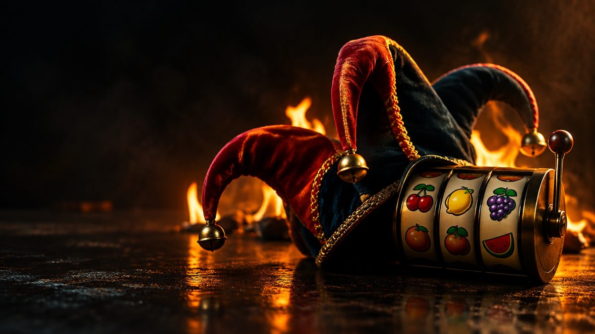 Klassinen narrinhattu kulkusineen slottirullan vieressä, jossa on hedelmäsymboleja, pieniä liekkejä taustalla. Fire Joker -slotti