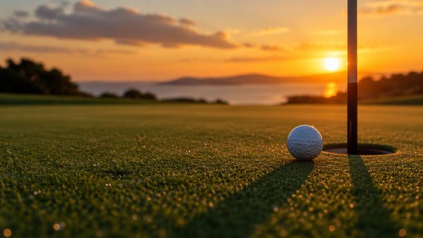 Golfpallo greenillä reiän vieressä auringonlaskussa, lipputanko sumeana, pitkät varjot ja kastetta nurmella, golf-vedonlyönti