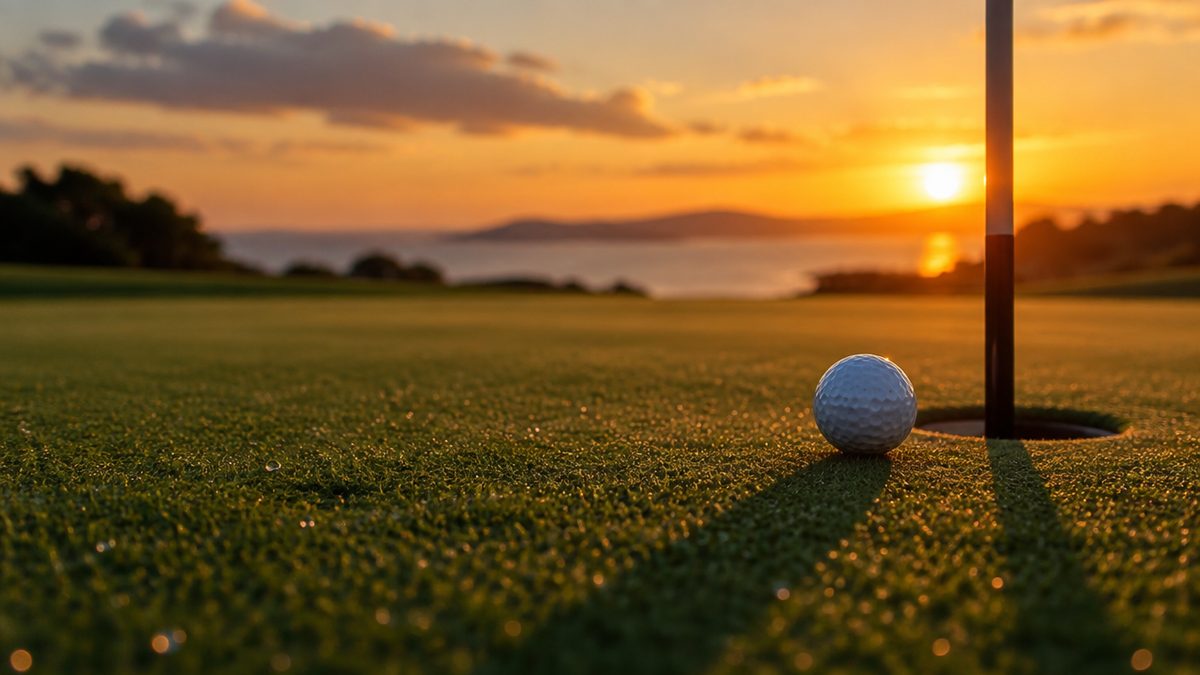 Golfpallo greenillä reiän vieressä auringonlaskussa, lipputanko sumeana, pitkät varjot ja kastetta nurmella, golf-vedonlyönti