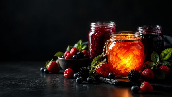 Lasipurkkeja täynnä värikästä hilloa ja tuoreita marjoja mustalla pöydällä, yksi purkki hehkuu sisältä. Jammin’ Jars -slotti