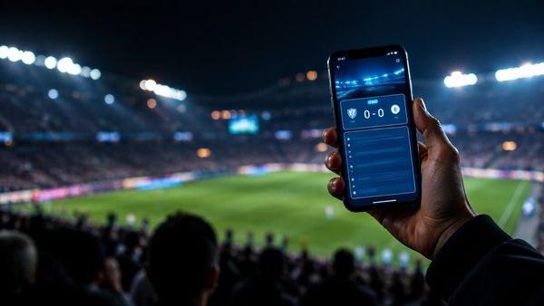 Älypuhelin näyttää tyhjää hehkuvaa live-tulospaneelia stadionin yleisön keskellä yöllä, bokeh-valoja, live-veto jalkapallossa