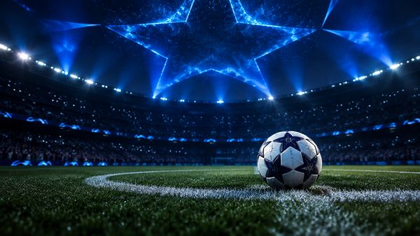 Tähtikuvioinen jalkapallo pimeän stadionin keskiympyrässä, dramaattinen sininen tähtivaloshow yläpuolella. Mestarien liiga -vedonlyönti