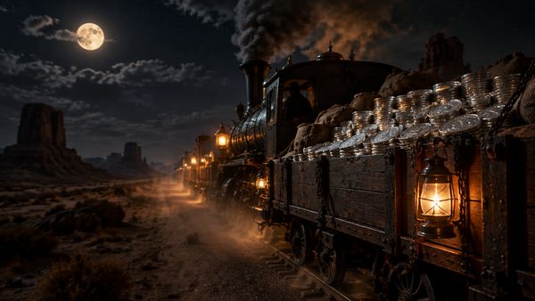 Vanha höyryjunan vaunu kuljettamassa hopeakolikkopinoja tumman aavikkotaivaan alla, lyhtyjen valoa, pölyä ilmassa. Money Train -slotti