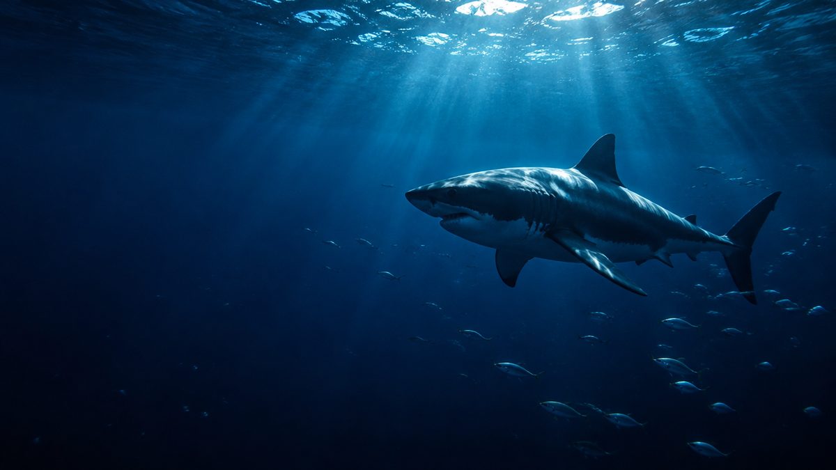 Valkohain siluetti liukuu syvässä tummansinisessä vedessä, valonsäteitä ylhäältä, pieniä kaloja pakenemassa. Razor Shark -slotti