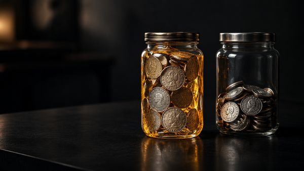 Kaksi lasipurkkia mustalla pöydällä: toisessa hopeakolikot ovat juuttuneet hehkuvaan hartsilohkareeseen, toisessa kolikot ovat irrallaan, sticky vs. non-sticky