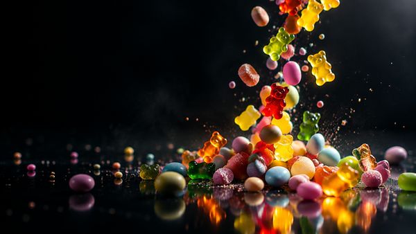 Pastellinvärisiä karkkeja ja hedelmäkarkkeja putoamassa mustalle heijastavalle pinnalle, osa hehkuu, dramaattinen reunavalo. Sugar Rush -slotti
