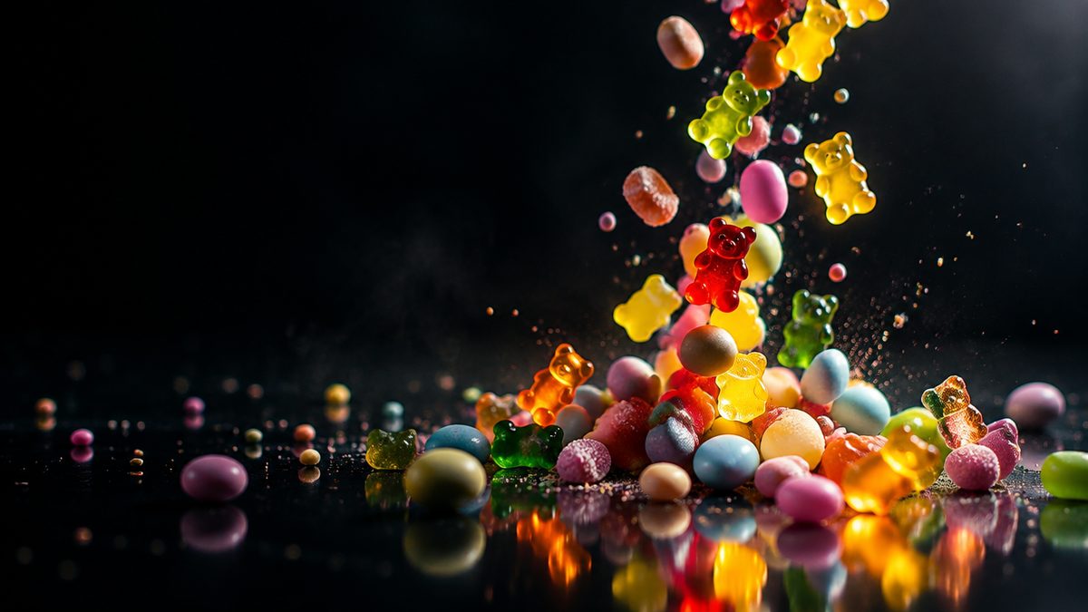 Pastellinvärisiä karkkeja ja hedelmäkarkkeja putoamassa mustalle heijastavalle pinnalle, osa hehkuu, dramaattinen reunavalo. Sugar Rush -slotti