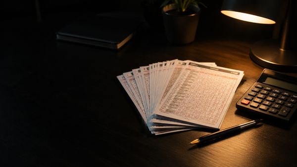 Pino paperisia vetokuponkeja levitettynä tummalle pöydälle kynän ja laskimen kanssa, lämmin pöytälamppu, pitkäveto