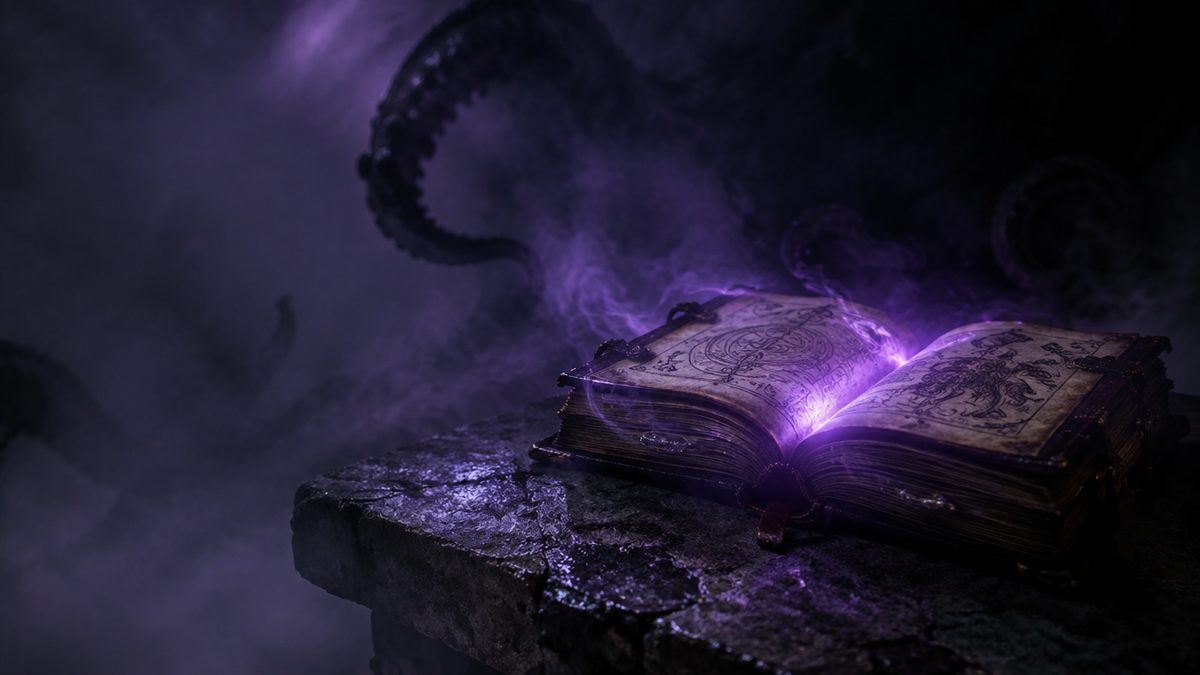 Vanha nahkakantinen loitsukirja avoinna kivipöydällä, violettia yliluonnollista valoa vuotaa sivuilta, lonkeroiden varjoja, sumua. Tome of Madness