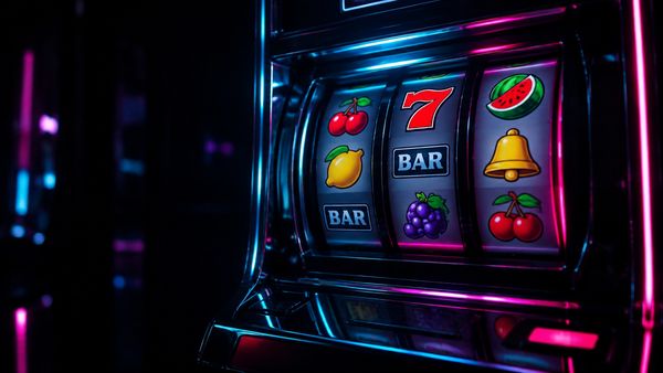 Kolme kiiltävää neonvalaistua slottirullaa klassisilla hedelmä- ja bar-symboleilla, kromikehys, pimeä pelihalli, syaani ja magenta hehku. Twin Spin