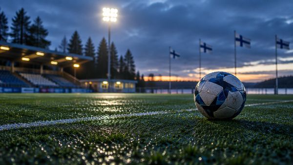 Jalkapallo märällä tekonurmella iltahämärässä pienessä suomalaisessa stadionissa, valonheittimet ja sinivalkoiset liput sumeina. Veikkausliiga-vedonlyönti