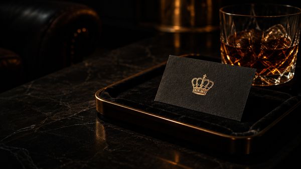 Musta käyntikortti kultaisella kohokuvioidulla kruunulla samettitarjottimella viskilasin vieressä, hämärä lounge-valo. VIP-manageri