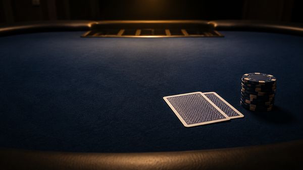 Kaksi pelikorttia kuvapuoli alaspäin ja pino pelimerkkejä tummansinisellä pokeripöydällä jakajan paikkaa vastapäätä, lämmin yläpuolinen valo. Casino Hold’em