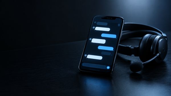 Älypuhelin tummalla pöydällä, näytöllä tyhjä hehkuva chat-kuplakäyttöliittymä, kuulokkeet vieressä, viileä valo, kasinon chat-tuki