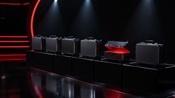 Rivi tyylikkäitä suljettuja metallisalkkuja tummalla game show -lavalla, yksi hieman auki hehkuen punaista sisältä, kohdevalot. Deal or No Deal Live