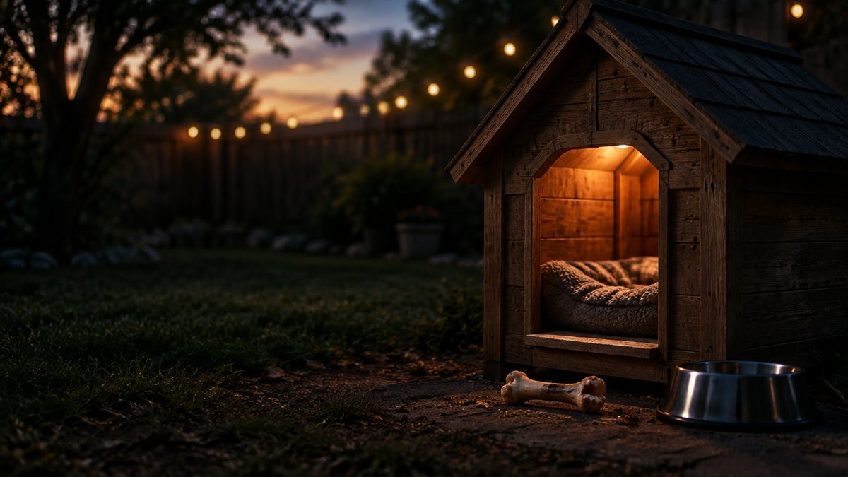 Puinen koirankoppi pimeällä takapihalla, sisällä hehkuu lämmin valo, pureskeltu luu ja kuppi edessä, valoketjuja sumeana. The Dog House -slotti