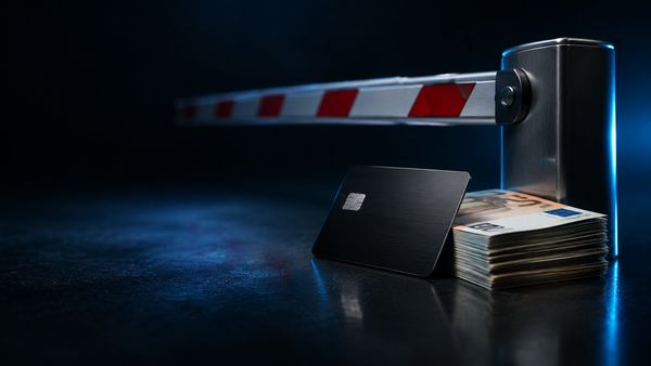 Musta pankkikortti ja pino euroseteleitä hopeisen porttimaisen estotangon vieressä, viileä sininen reunavalo, kasinon kotiutusraja