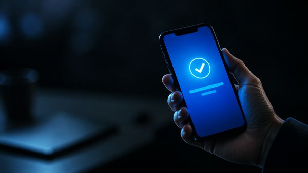 Kädessä pidettävä puhelin, jonka näytöllä hehkuu sininen mobiilimaksun vahvistus ja valintamerkki, tumma tausta. MobilePay-kasinot