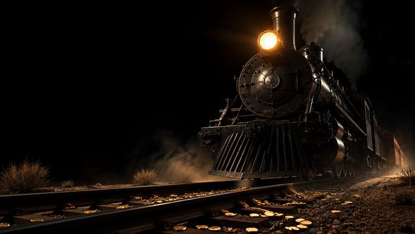 Vanhan lännen höyryveturin keula yöllä hehkuvalla ajovalolla, aavikon pölyä, kultakolikoita hajallaan kiskoilla. Money Train 3