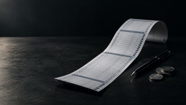 Pitkä paperinen vetokuponki, jossa on monta tyhjää riviä, käpristyy tummalta pöydältä, kynä ja hopeakolikoita, pitkäveto-strategia