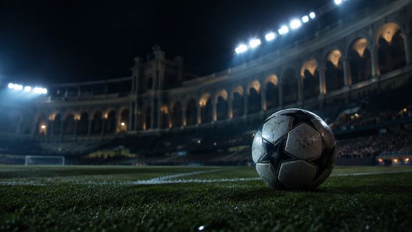Jalkapallo tummalla yökentällä suuressa italialaisstadionissa, viileät valonheittimet, marmorikaaret sumeina. Serie A