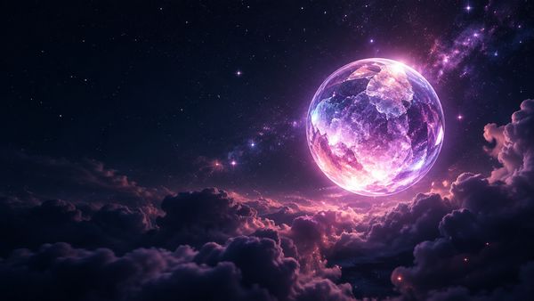 Hehkuva vaaleanpunainen ja laventelinsävyinen kristallipallo leijuu tummien pilvien yllä tähtitaivaalla, unenomainen valo. Starlight Princess -slotti