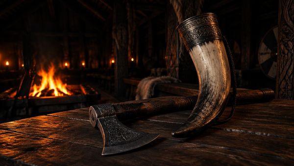 Valtava sarvellinen viikinkien juomasarvi ja kirves karkealla puupöydällä pimeässä pitkätalossa, tulen hehku. Vikings Go Berzerk