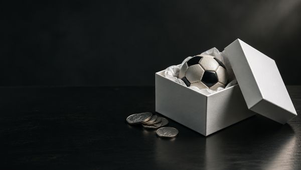 Valkoinen lahjapaketti hopeanauhalla, pieni jalkapallo ja kolikko tummalla taustalla, vedonlyöntibonukset