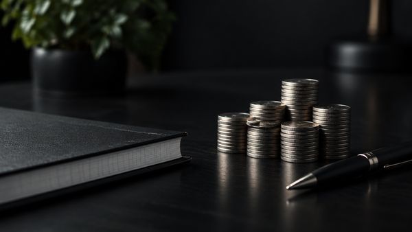 Pino hopeakolikoita jaettuna pieniin yhtä suuriin kasoihin mustalla pöydällä tilikirjan ja kynän vieressä, bankroll management