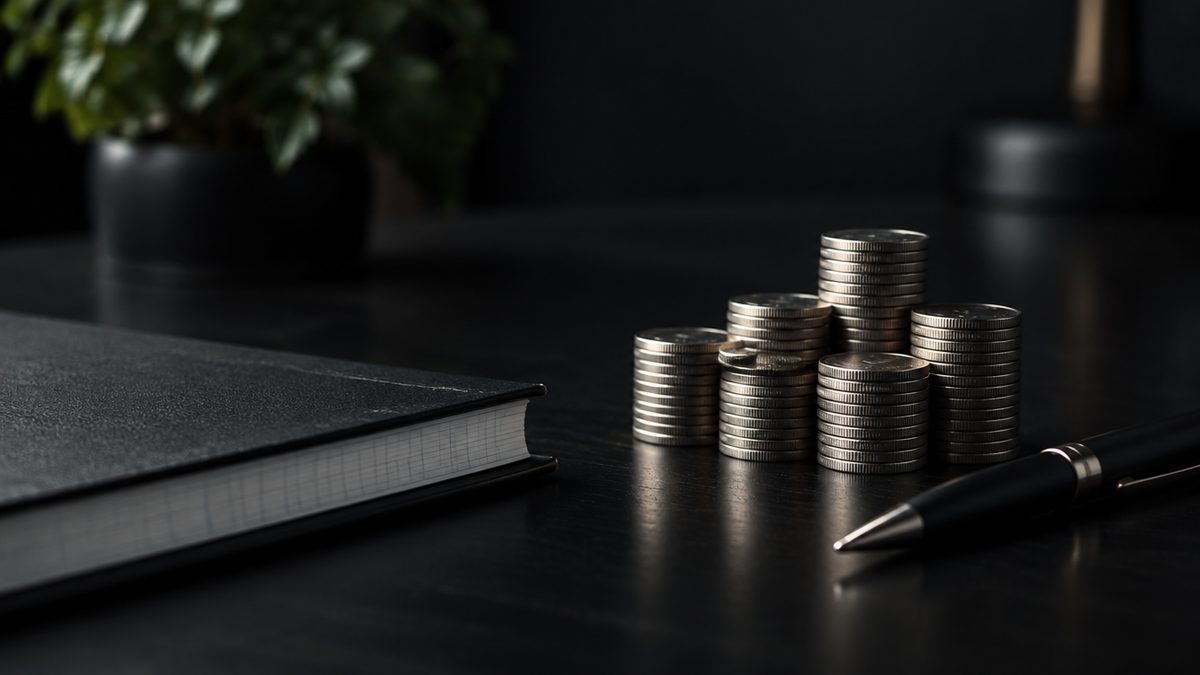 Pino hopeakolikoita jaettuna pieniin yhtä suuriin kasoihin mustalla pöydällä tilikirjan ja kynän vieressä, bankroll management