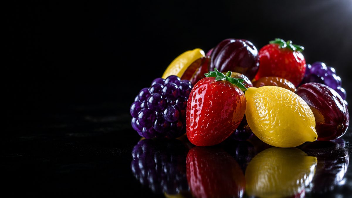 Kasa värikkäitä kiiltäviä hedelmäkarkkeja (mansikka, rypäle, sitruuna, luumu) mustalla heijastavalla pinnalla, dramaattinen reunavalo. Fruit Party -slotti