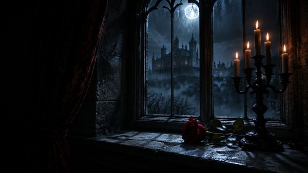 Tumma goottilainen kartanon ikkuna yöllä, punainen ruusu ja musta kynttelikkö kivisellä ikkunalaudalla, kuunvalo, usva. Immortal Romance