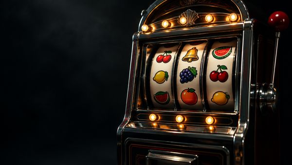 Vintage mekaaninen hedelmäpeli kromiyksityiskohdilla ja hehkuvilla lampuilla, rullien lähikuva tummassa studiossa. Jackpot 6000