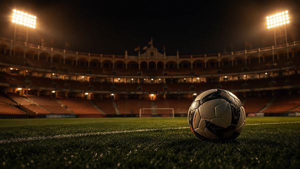 Jalkapallo tummalla yökentällä suuressa espanjalaistyylisessä stadionissa, lämpimät valonheittimet, tyhjät katsomot sumeina. La Liga