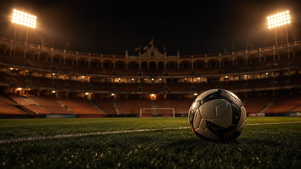 Jalkapallo tummalla yökentällä suuressa espanjalaistyylisessä stadionissa, lämpimät valonheittimet, tyhjät katsomot sumeina. La Liga