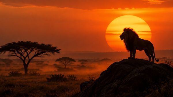 Leijonan siluetti kalliolla valtavan oranssin auringon alla afrikkalaisella savannilla, akaasioita, pölyä ilmassa. Mega Moolah -slotti