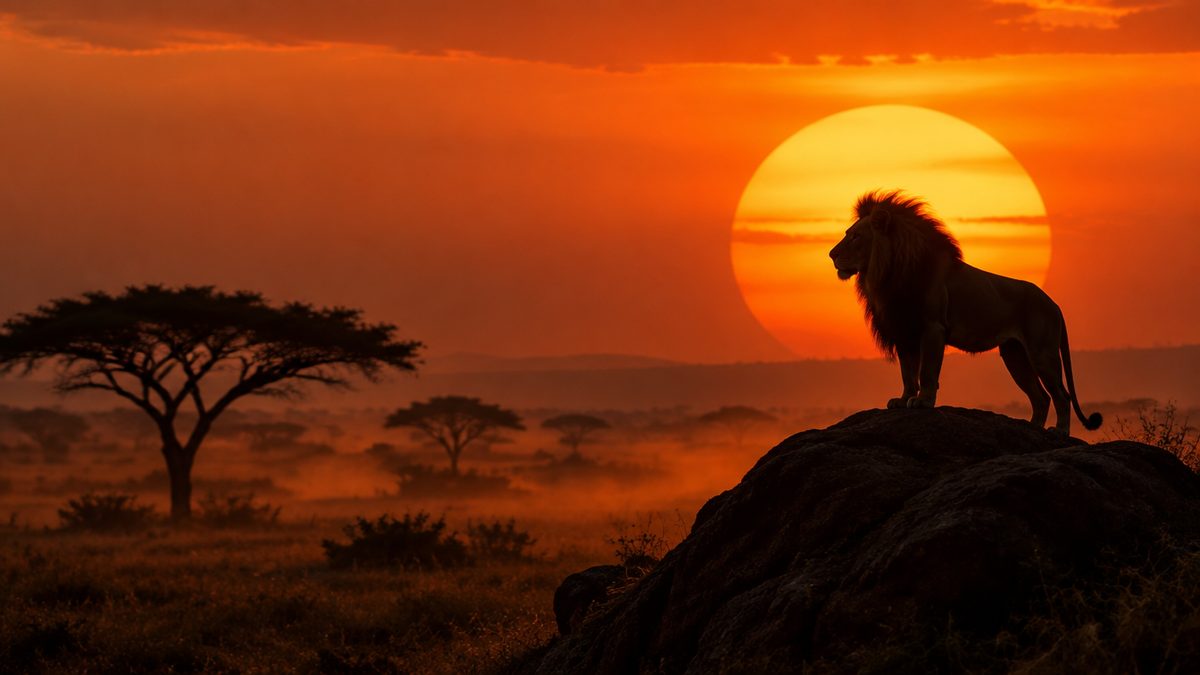 Leijonan siluetti kalliolla valtavan oranssin auringon alla afrikkalaisella savannilla, akaasioita, pölyä ilmassa. Mega Moolah -slotti