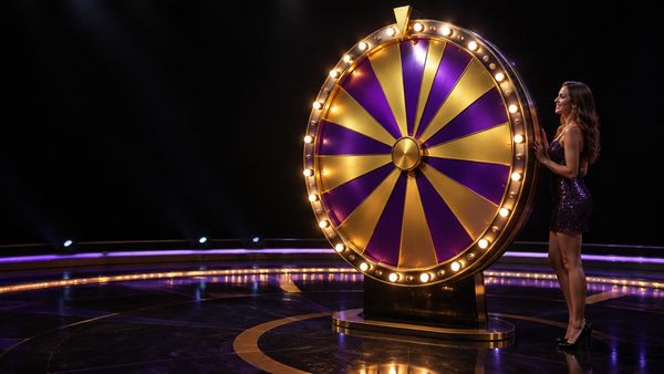 Valtava pystysuora pyörivä palkintopyörä kiiltävin violetein ja kultaisin lohkoin ja kirkkain lampuin reunassa, game show -lattia, tumma tausta. Mega Wheel
