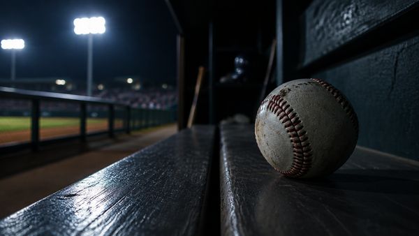 Baseball-pallo tummalla puupenkillä vaihtoaitiossa, stadionin valot taustalla yöllä, lähikuva. MLB