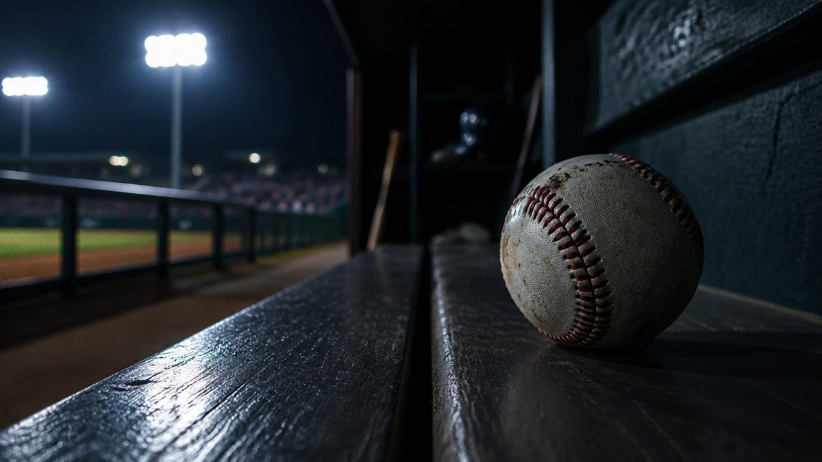 Baseball-pallo tummalla puupenkillä vaihtoaitiossa, stadionin valot taustalla yöllä, lähikuva. MLB