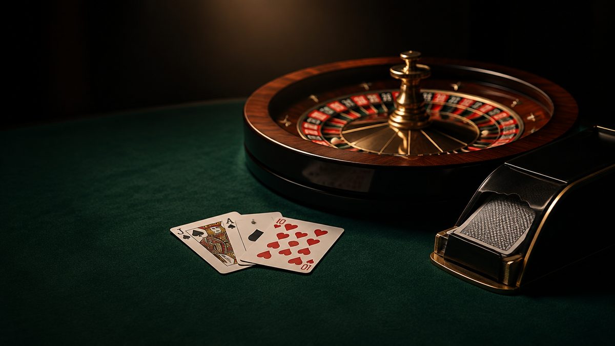 Tummanvihreä huopapöytä, jolla rulettipyörä, blackjack-kortit ja baccarat-kenkä vierekkäin, lämmin ylävalo, pöytäpelien talon etu