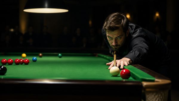 Snookerpöytä matalan lampun alla pimeässä hallissa, valkoinen ja punainen pallo lähellä pussia, vihreä verka hehkuu, snooker-vedonlyönti