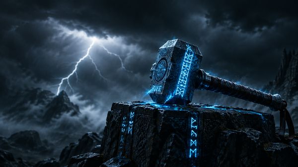 Valtava viikinkien sotavasara, jonka riimut hehkuvat jäänsinisinä, kivialttarilla myrskyssä, salamoita tummalla taivaalla. Thunderstruck II
