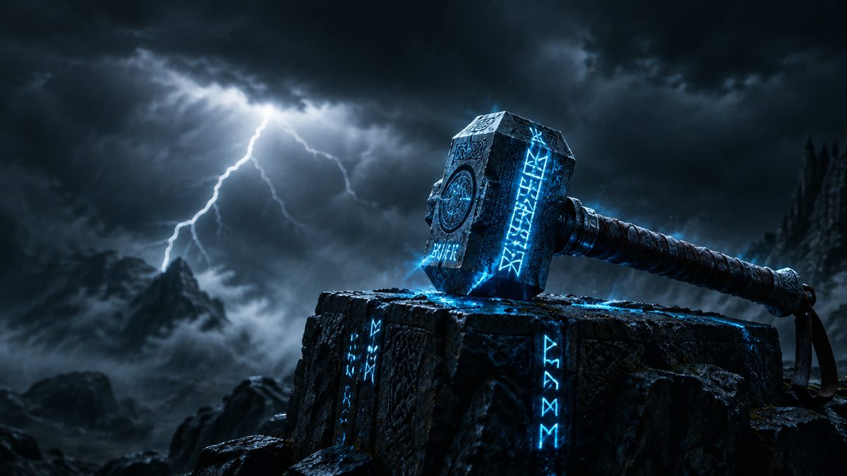 Valtava viikinkien sotavasara, jonka riimut hehkuvat jäänsinisinä, kivialttarilla myrskyssä, salamoita tummalla taivaalla. Thunderstruck II