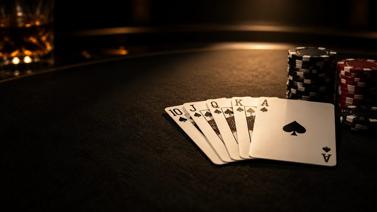 Videopokerin viiden kortin käsi avattuna tummalla huovalla (kuningasvärisuora), pelimerkkipino, lämmin kohdevalo, video poker -strategia